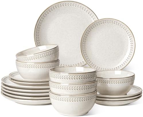 Ceramic Dinnerware Sets for 6, 18 Piece Plates and Bowls Sets, Reactive Glaze Dishes Set for Kitchen, Oven &