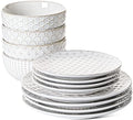 Ceramic Dishes Set for 4, 12 Piece Plates and Bowls Sets, Embossed Kitchen Dinnerware Sets, Chip Resistant