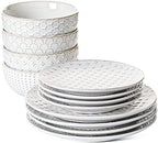 Ceramic Dishes Set for 4, 12 Piece Plates and Bowls Sets, Embossed Kitchen Dinnerware Sets, Chip Resistant