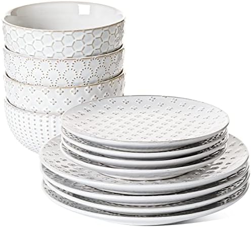 Ceramic Dishes Set for 4, 12 Piece Plates and Bowls Sets, Embossed Kitchen Dinnerware Sets, Chip Resistant