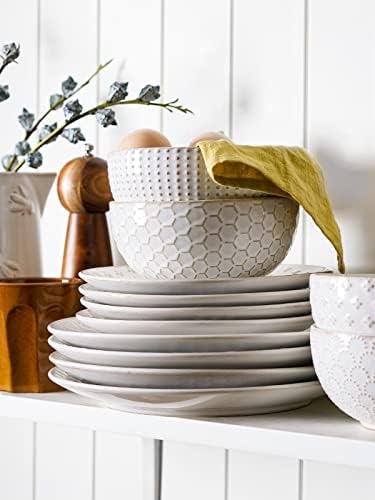 Ceramic Dishes Set for 4, 12 Piece Plates and Bowls Sets, Embossed Kitchen Dinnerware Sets, Chip Resistant, alternate view 5