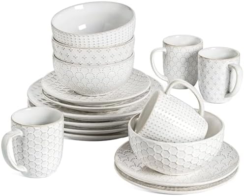 Ceramic Dishes Set for 4, 16 Piece Kitchen Dinnerware Set with Mugs, Embossed Plates and Bowls Sets, Microwave &