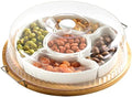 Ceramic Divided Serving Dishes Platter with Clear Lid, 11 Inch Bamboo Appetizer Tray with Handles 5 Removable