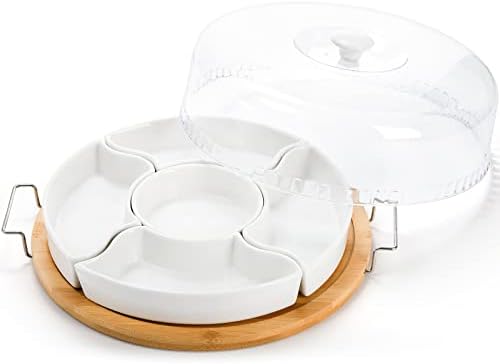 Ceramic Divided Serving Dishes Platter with Clear Lid, 11 Inch Bamboo Appetizer Tray with Handles 5 Removable, alternate view