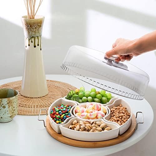 Ceramic Divided Serving Dishes Platter with Clear Lid, 11 Inch Bamboo Appetizer Tray with Handles 5 Removable, alternate view