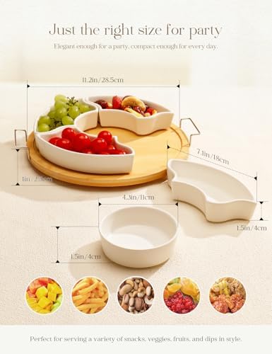 Ceramic Divided Serving Dishes with 360°Rotatable Bamboo Tray and Handles in White, alternate view 3