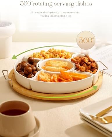Ceramic Divided Serving Dishes with 360°Rotatable Bamboo Tray and Handles in White, alternate view 4