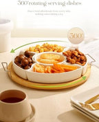Ceramic Divided Serving Dishes with 360°Rotatable Bamboo Tray and Handles in White, alternate view 4