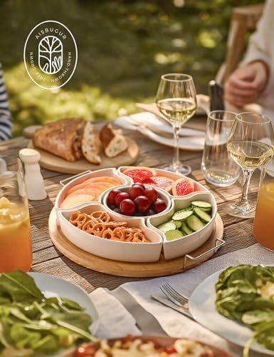 Ceramic Divided Serving Dishes with 360°Rotatable Bamboo Tray and Handles in White, alternate view 5