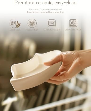 Ceramic Divided Serving Dishes with 360°Rotatable Bamboo Tray and Handles in White, alternate view 6