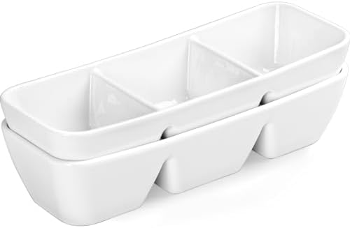 Ceramic Divided Serving Tray 11 Inch, 3 Compartment White Condiment Tray Set of 2, Stackable Chip and Dip