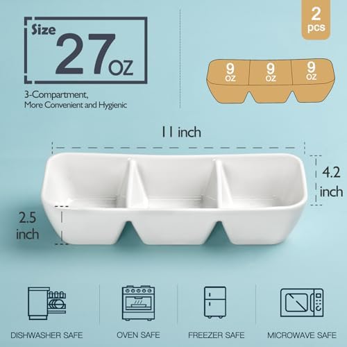 Ceramic Divided Serving Tray 11 Inch, 3 Compartment White Condiment Tray Set of 2, Stackable Chip and Dip, alternate view 3