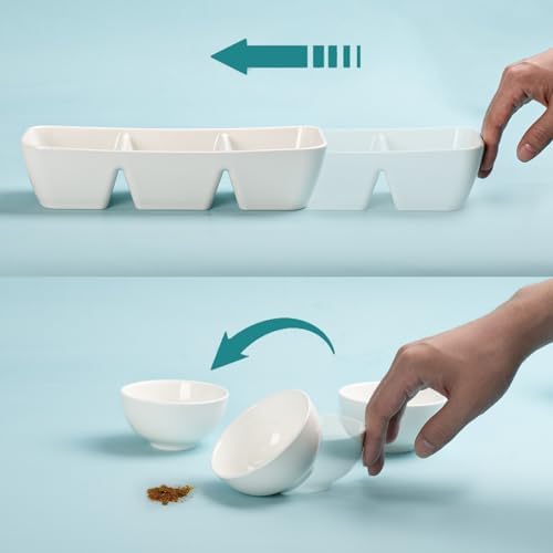 Ceramic Divided Serving Tray 11 Inch, 3 Compartment White Condiment Tray Set of 2, Stackable Chip and Dip, alternate view 4