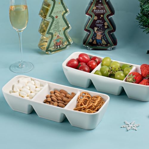 Ceramic Divided Serving Tray 11 Inch, 3 Compartment White Condiment Tray Set of 2, Stackable Chip and Dip, alternate view 5