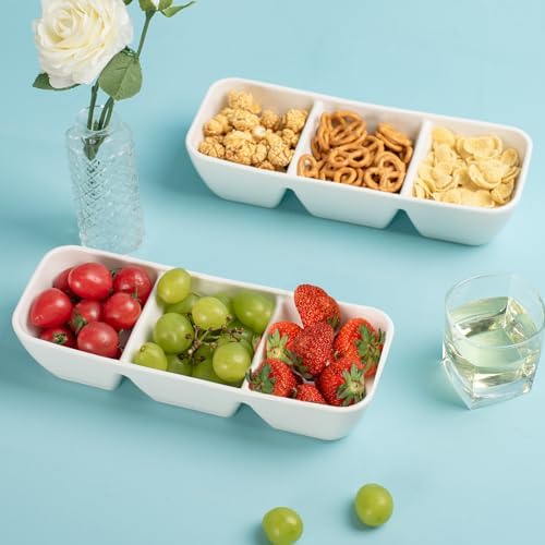 Ceramic Divided Serving Tray 11 Inch, 3 Compartment White Condiment Tray Set of 2, Stackable Chip and Dip, alternate view 6