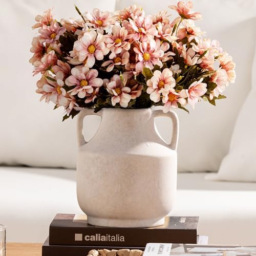 Ceramic Flower Vase with Handles, 8 inch Tall Off-White Vase, Decorative Terracotta Vases, Farmhouse Rustic