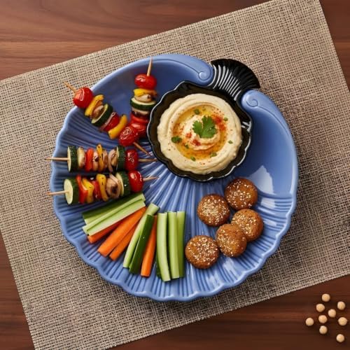 Ceramic Large Divided Chip & Dip Serving Platter, Shell Design Tray - Blue in 11 in in Blue, alternate view 2