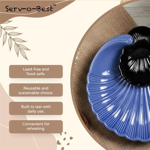 Ceramic Large Divided Chip & Dip Serving Platter, Shell Design Tray - Blue in 11 in in Blue, alternate view 6