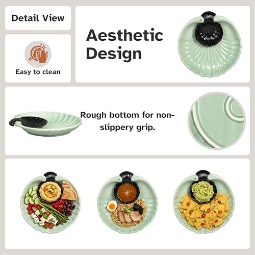 Ceramic Large Divided Chip & Dip Serving Platter, Shell Design Tray-Green in 11 in in Green, alternate view 5