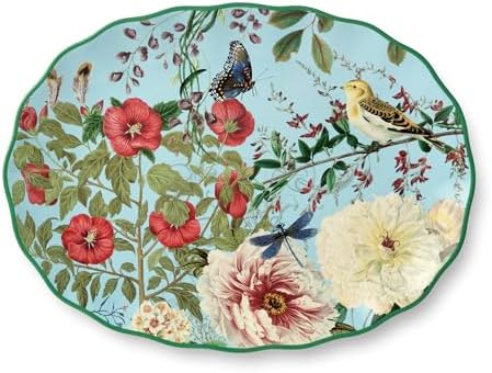 Ceramic Oval Platter - 14" x 10" Large Decorative Serving Dish with Pastel Floral, Butterfly, and Bird Patterns