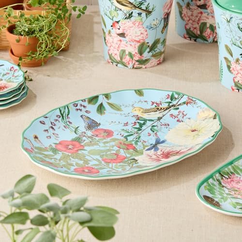 Ceramic Oval Platter - 14" x 10" Large Decorative Serving Dish with Pastel Floral, Butterfly, and Bird Patterns, alternate