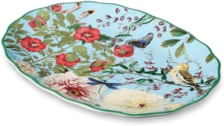 Ceramic Oval Platter - 14" x 10" Large Decorative Serving Dish with Pastel Floral, Butterfly, and Bird Patterns, alternate