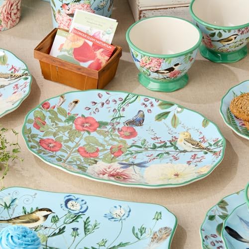 Ceramic Oval Platter - 14" x 10" Large Decorative Serving Dish with Pastel Floral, Butterfly, and Bird Patterns, alternate