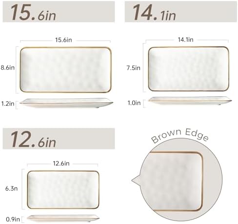 Ceramic Rectangle Serving Platter with Brown Rim: 15.6/14.1/12.6 Inch Large Serving Dishes for Entertaining, alternate view 3