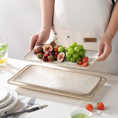 Ceramic Rectangle Serving Platter with Brown Rim: 15.6/14.1/12.6 Inch Large Serving Dishes for Entertaining, alternate view 4