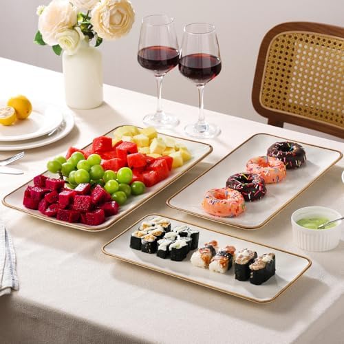 Ceramic Rectangle Serving Platter with Brown Rim: 15.6/14.1/12.6 Inch Large Serving Dishes for Entertaining, alternate view 6