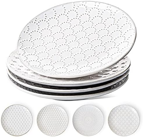 Ceramic Salad Plates Set of 4, 8 Inch Embossed Appetizer Plates for Kitchen, Small Dessert Plates, Microwave &