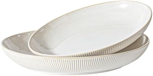 Ceramic Serving Bowls Set of 2, Serving Platters for Entertaining, Stripes in Large in Off-White