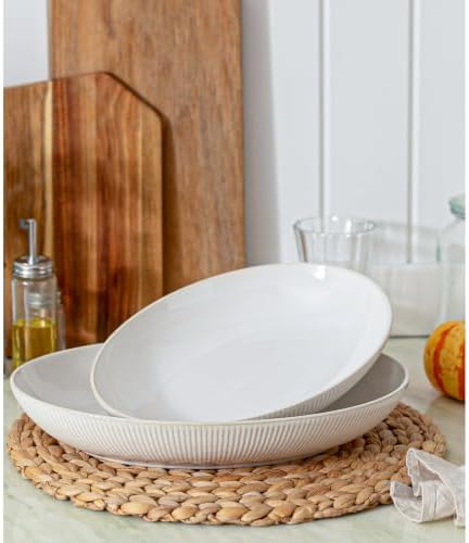 Ceramic Serving Bowls Set of 2, Serving Platters for Entertaining, Stripes in Large in Off-White, alternate view 7