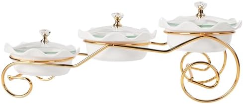 Ceramic Serving Bowls with glass Lids and metal Platter, 3 Removable Dipping Bowls Relish Tray Nuts Dishes for
