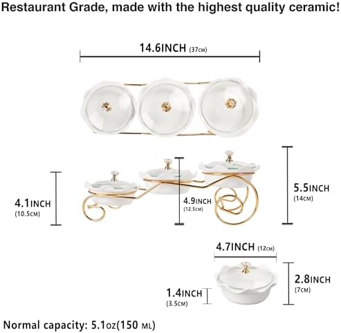 Ceramic Serving Bowls with glass Lids and metal Platter, 3 Removable Dipping Bowls Relish Tray Nuts Dishes for, alternate