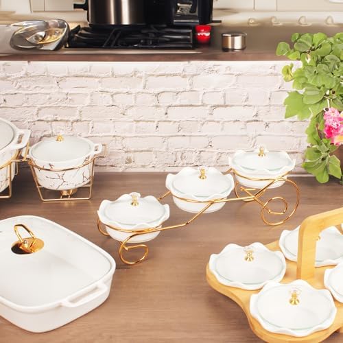 Ceramic Serving Bowls with glass Lids and metal Platter, 3 Removable Dipping Bowls Relish Tray Nuts Dishes for, alternate