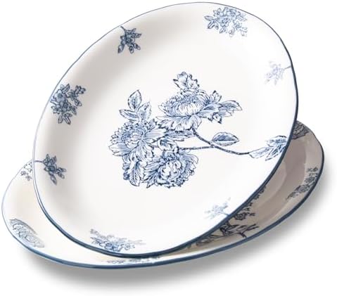 Ceramic Serving Platter, Large Oval Dinner Plates, Blue and White, Set of 2 in 13.7 Inch - Set of 2 in Blue