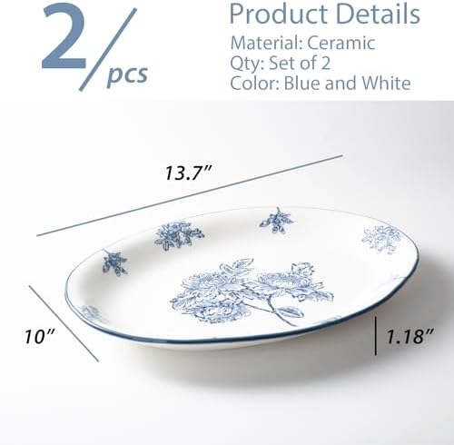 Ceramic Serving Platter, Large Oval Dinner Plates, Blue and White, Set of 2 in 13.7 Inch - Set of 2 in Blue, alternate view 3