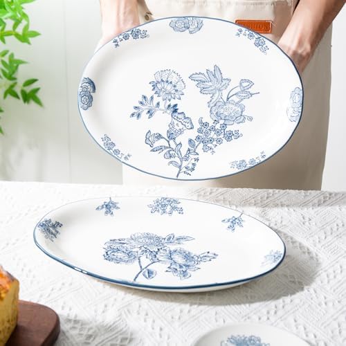 Ceramic Serving Platter, Large Oval Dinner Plates, Blue and White, Set of 2 in 13.7 Inch - Set of 2 in Blue, alternate view 5