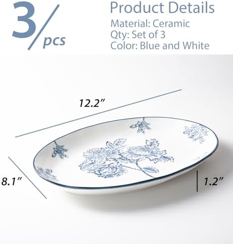 Ceramic Serving Platter, Large Oval Dinner Plates, Blue and White, Set of 3 in 12 Inch - Set of 3 in Blue, alternate view 3
