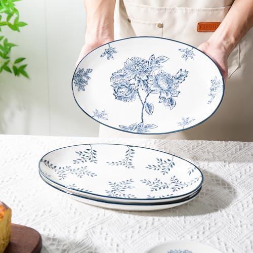 Ceramic Serving Platter, Large Oval Dinner Plates, Blue and White, Set of 3 in 12 Inch - Set of 3 in Blue, alternate view 5