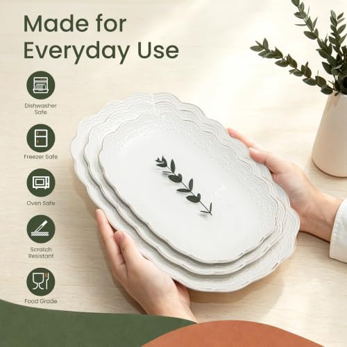 Ceramic Serving Platter Set | 14”/12”/10” Oval Serving Trays for Entertaining at Parties and Weddings | Oven, alternate view