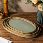 Ceramic Serving Platter Set of 3, Oval Serving Plates and Dishes in 3 Size in Sage Umber