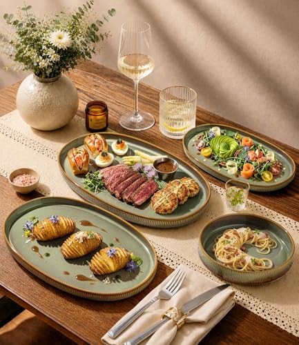 Ceramic Serving Platter Set of 3, Oval Serving Plates and Dishes in 3 Size in Sage Umber, alternate view 3