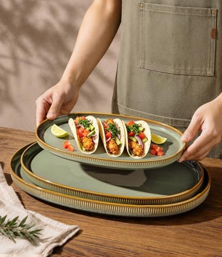 Ceramic Serving Platter Set of 3, Oval Serving Plates and Dishes in 3 Size in Sage Umber, alternate view 4