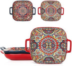 Ceramic Serving Platter with Handles, Set of 2, Bohemian Ceramic Plate, Square Dinner Plate, Colorful Salad