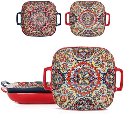 Ceramic Serving Platter with Handles, Set of 2, Bohemian Ceramic Plate, Square Dinner Plate, Colorful Salad