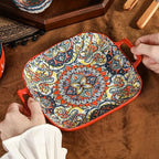 Ceramic Serving Platter with Handles, Set of 2, Bohemian Ceramic Plate, Square Dinner Plate, Colorful Salad, alternate view 5