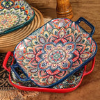 Ceramic Serving Platter with Handles, Set of 2, Bohemian Ceramic Plate, Square Dinner Plate, Colorful Salad, alternate view 6