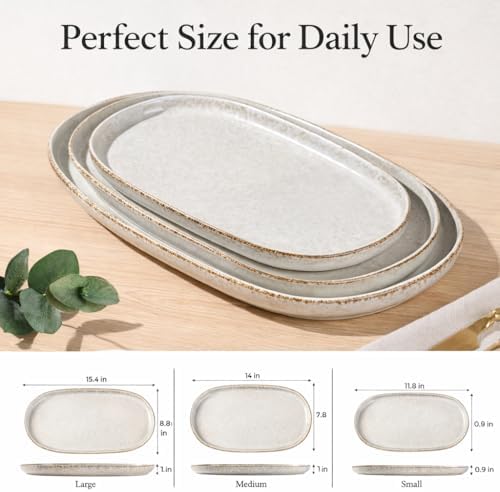 Ceramic Serving Platters Set of 3, Reactive handcrafted Oval Plates in Stone Stalactites, alternate view 3